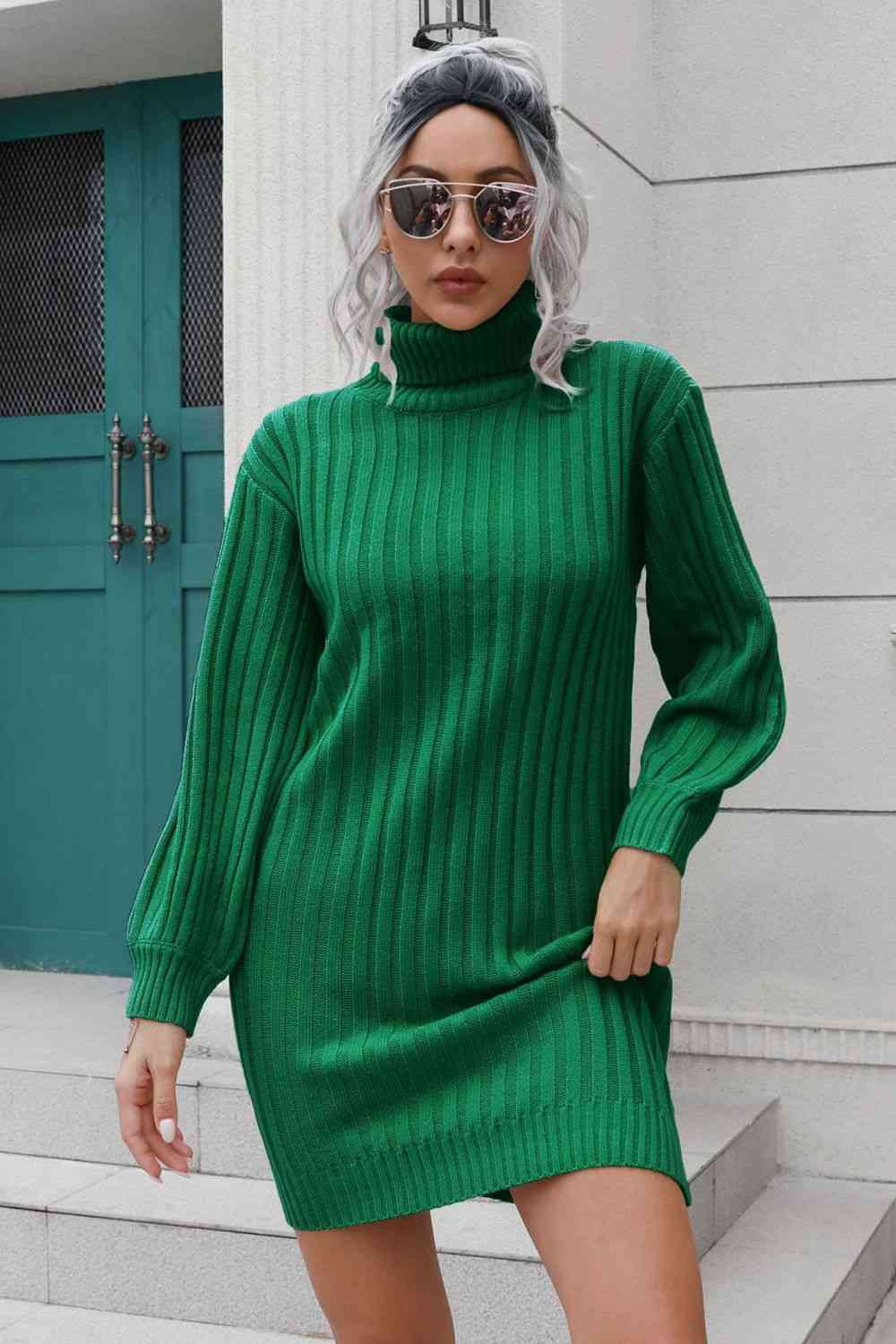 Ribbed Turtle Neck Long Sleeve Mini Sweater Dress - Ladyez