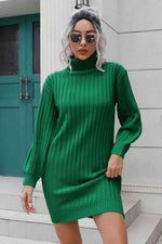 Ribbed Turtle Neck Long Sleeve Mini Sweater Dress - Ladyez