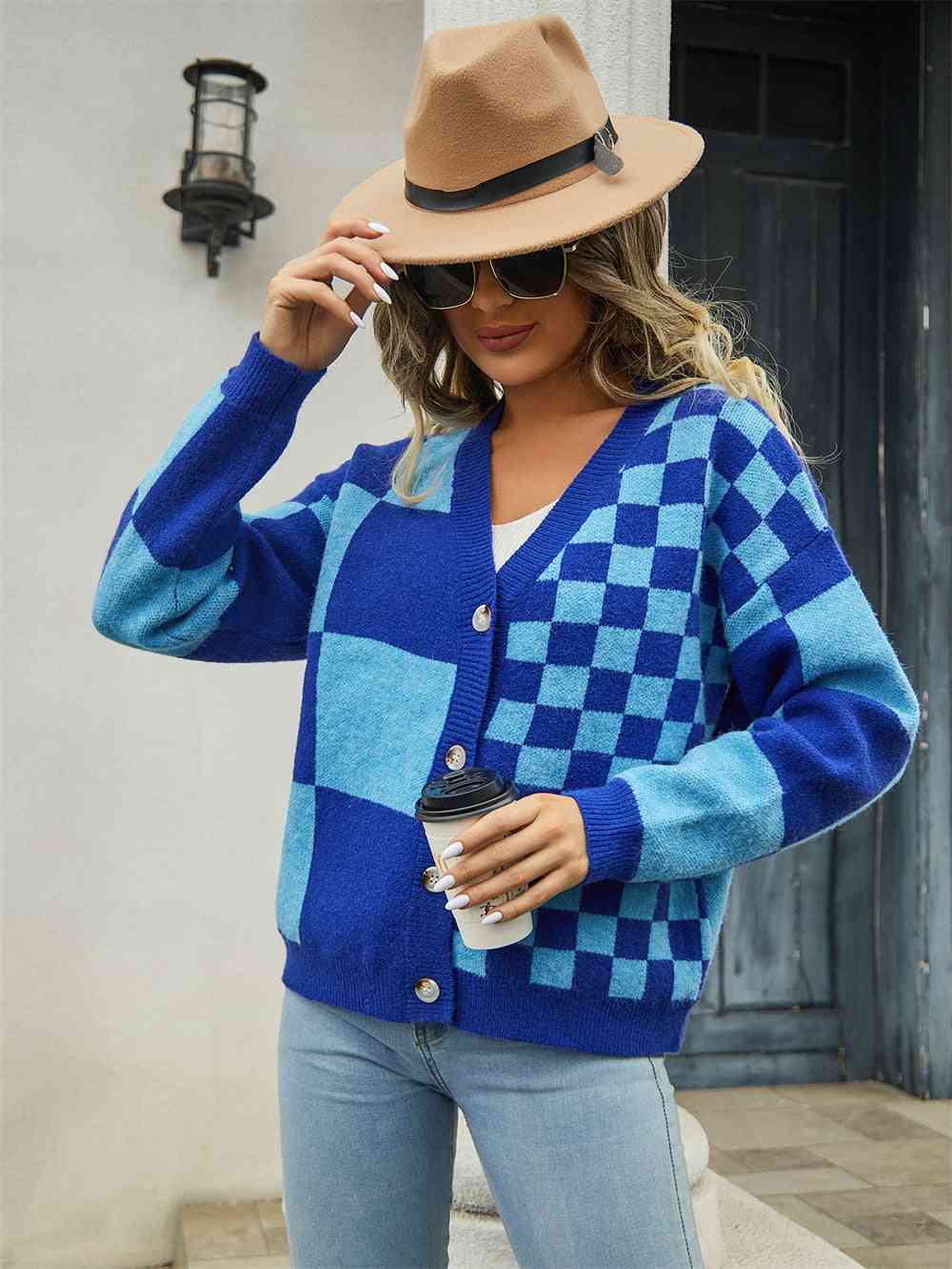 Plaid V-Neck Dropped Shoulder Cardigan - Ladyez