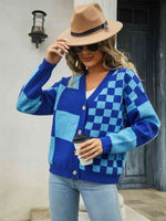 Plaid V-Neck Dropped Shoulder Cardigan - Ladyez