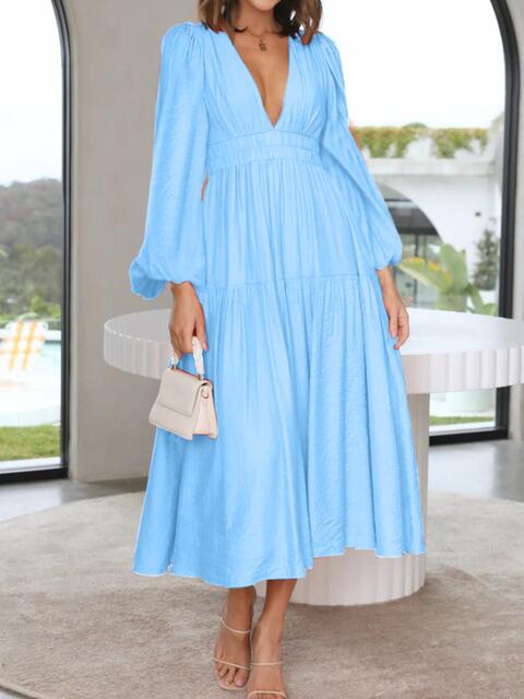 Deep V-Neck Balloon Sleeve Plain Maxi Dress - Ladyez