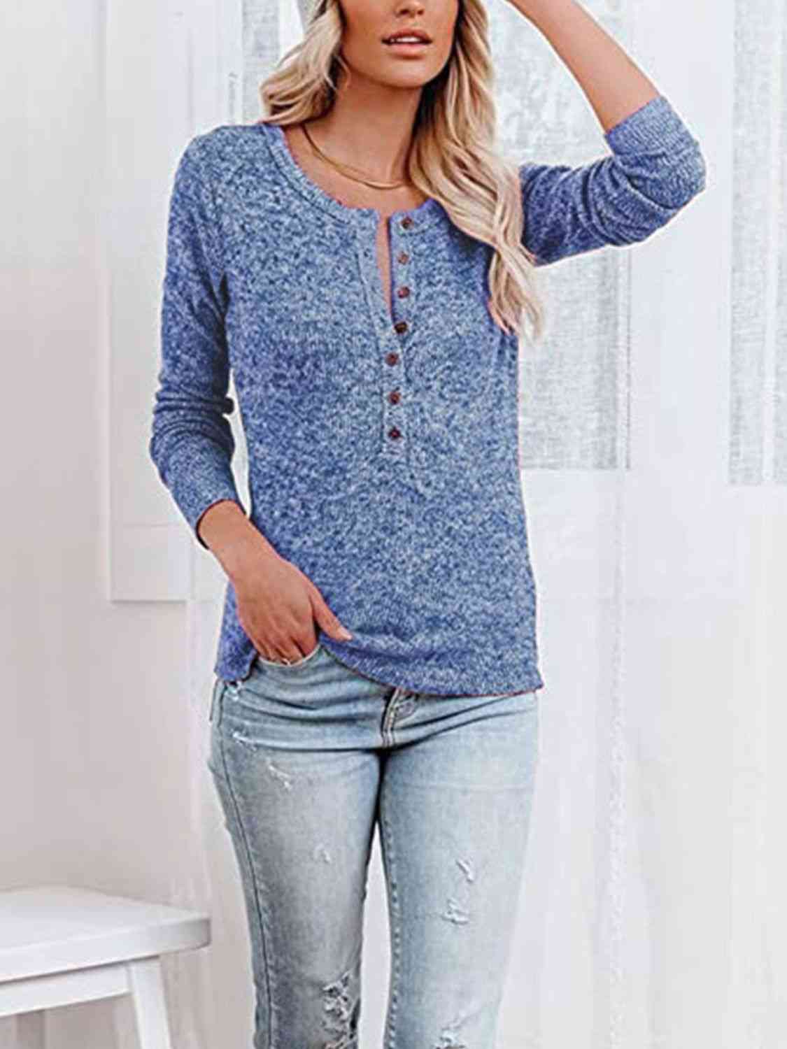Round Neck Buttoned Long Sleeve T-Shirt - Ladyez