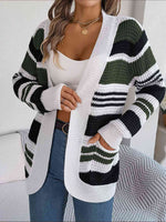 Striped Open Front Long Sleeve Cardigan - Ladyez