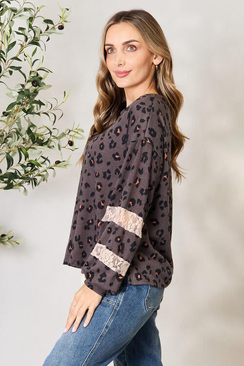 Jade By Jane Full Size Leopard Lace Detail Blouse - Ladyez