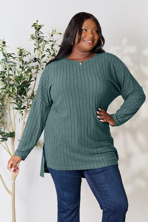 Basic Bae Full Size Ribbed Round Neck Long Sleeve Slit Top - Ladyez