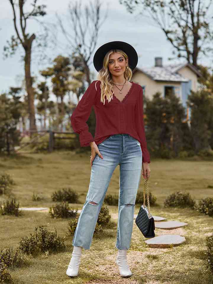 V-Neck Flounce Sleeve Blouse - Ladyez