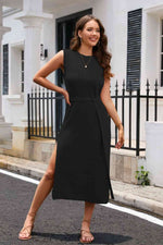 Round Neck Tie Belt Slit Sleeveless Sweater Dress - Ladyez