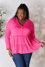 Double Take Half Button Long Sleeve Ruffle Hem Blouse - Ladyez