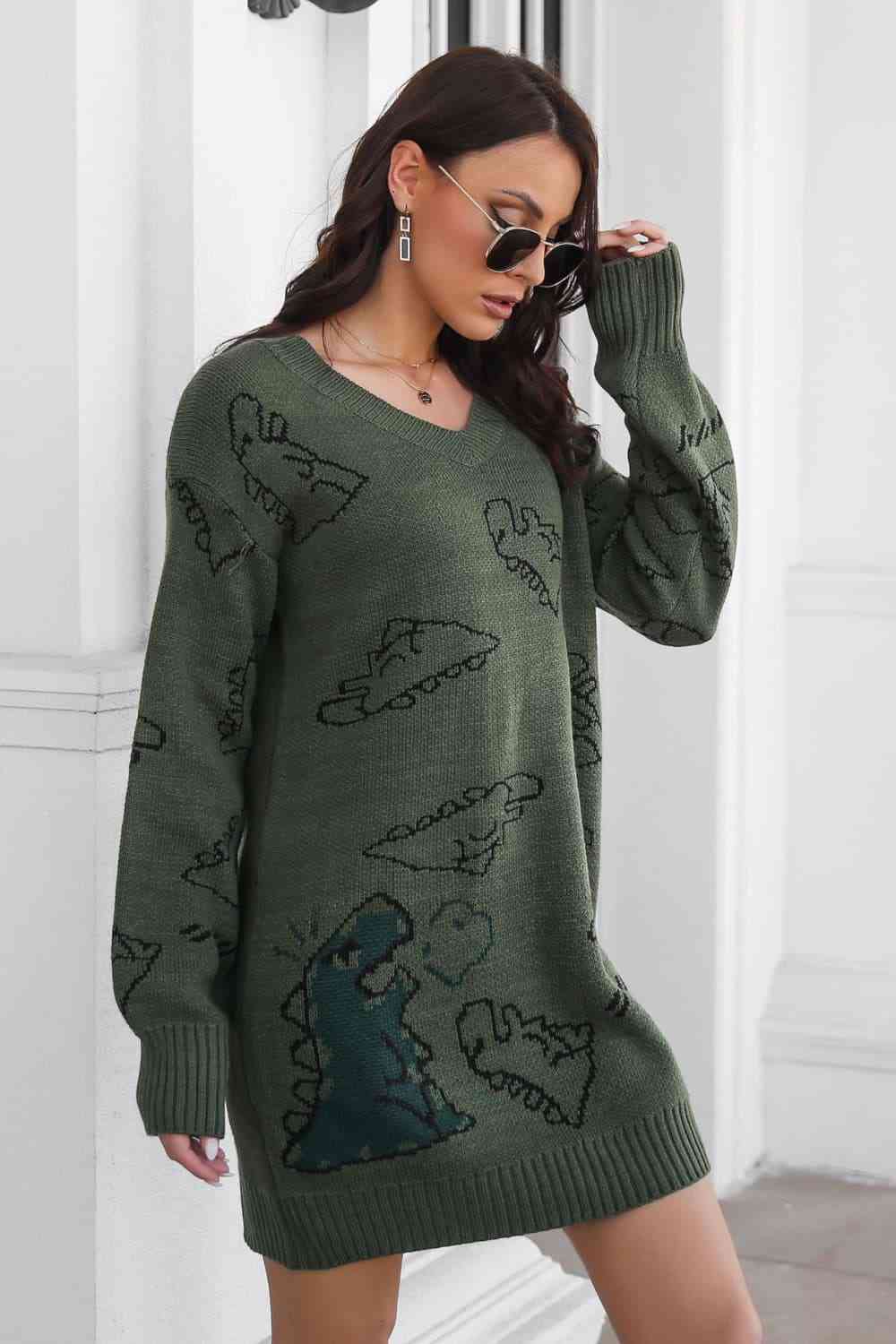 Dinosaur Pattern V-Neck Sweater Dress - Ladyez