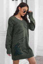 Dinosaur Pattern V-Neck Sweater Dress - Ladyez