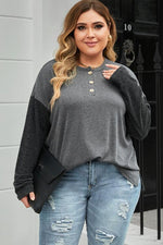 Plus Size Round Neck Long Sleeve Buttoned Blouse - Ladyez