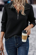 Half Zip Collar Solid Color Long Sleeve Sweatshirt - Ladyez
