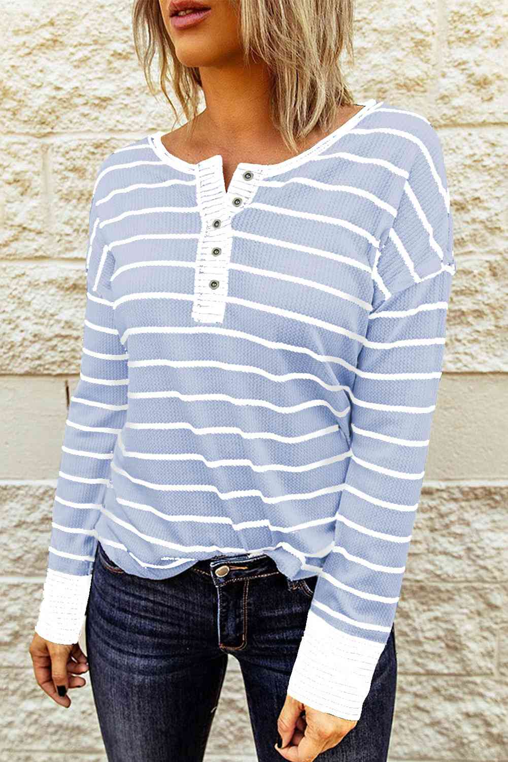 Striped Waffle Knit Henley Long Sleeve Top - Ladyez
