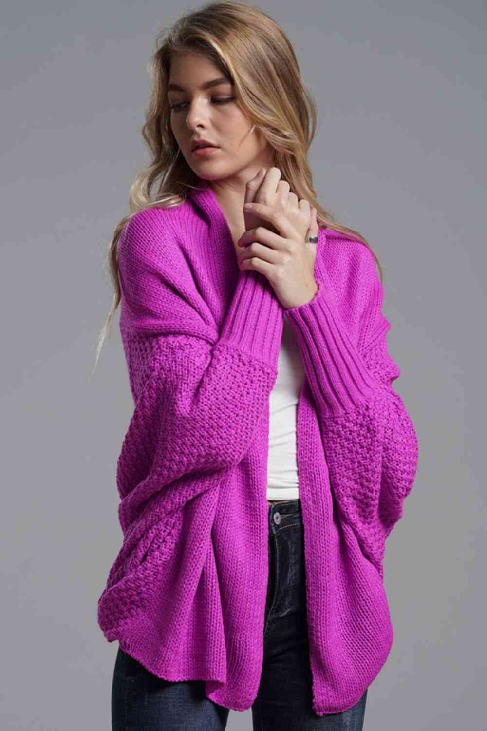 Double Take Dolman Sleeve Open Front Ribbed Trim Longline Cardigan - Ladyez