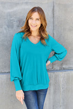 Basic Bae Full Size V-Neck Lantern Sleeve Blouse - Ladyez