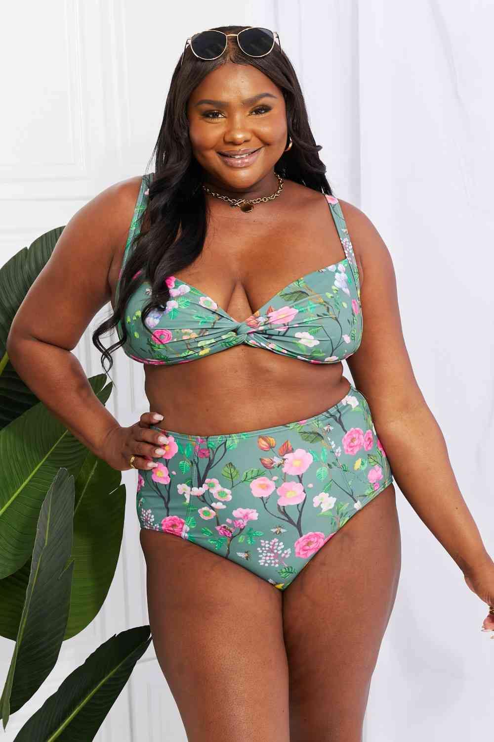 Marina West Swim Take A Dip Twist High-Rise Bikini in Sage - Ladyez