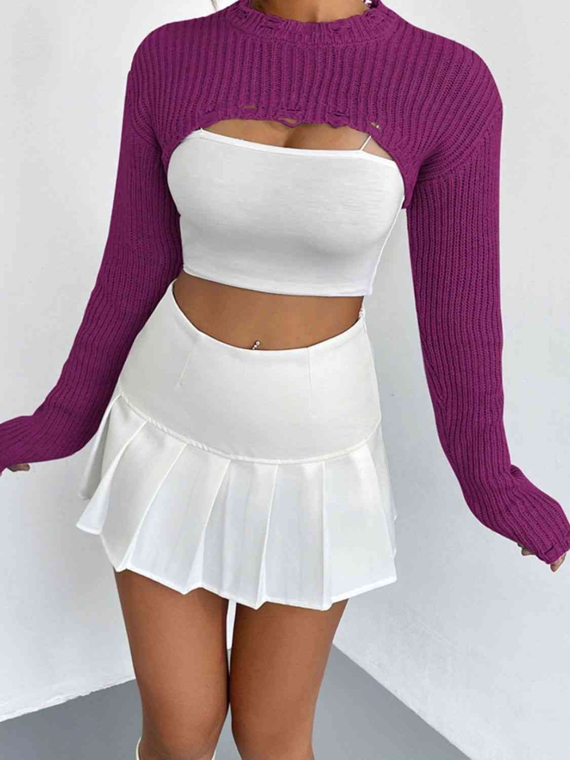 Distressed Long Sleeve Cropped Sweater - Ladyez
