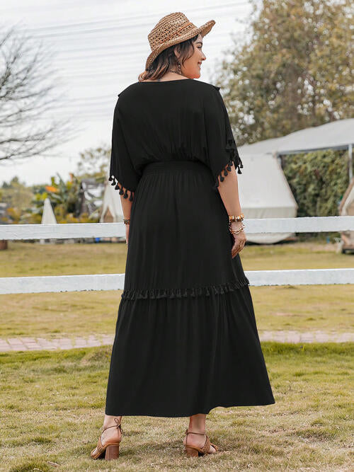 Plus Size Tassel Trim V-Neck Short Sleeve Ruffle Hem Dress - Ladyez