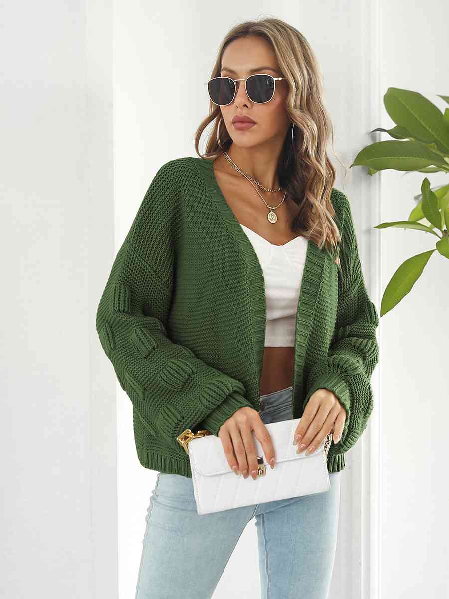 Open Front Ribbed Trim Cardigan - Ladyez