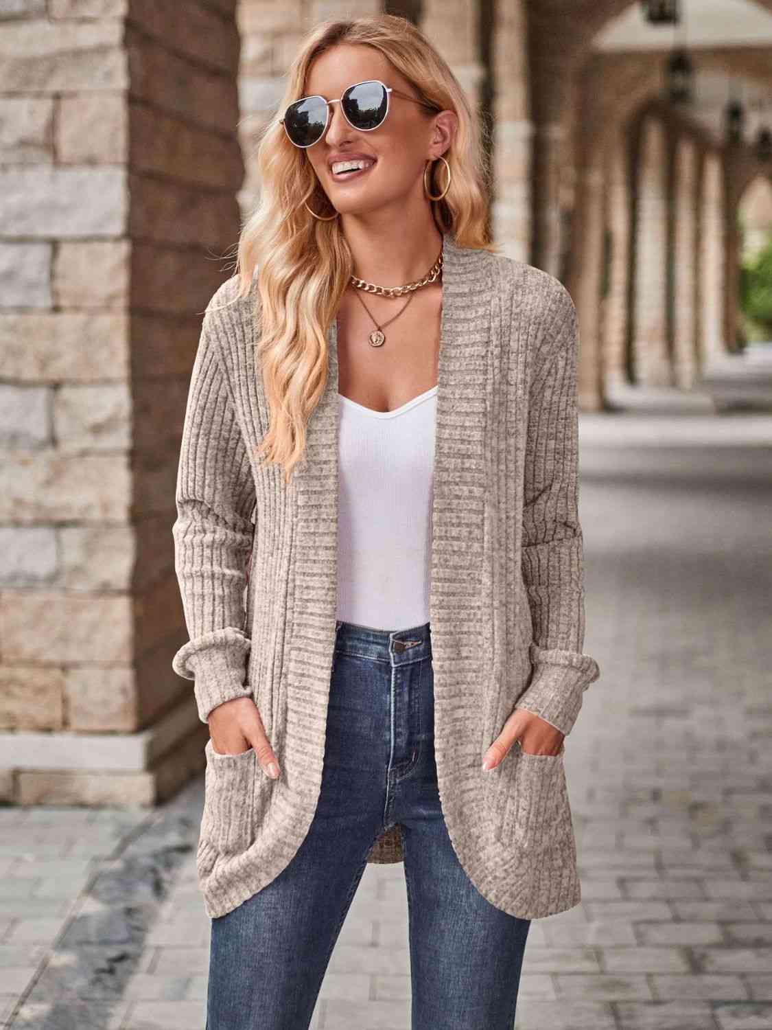 Open Front Cardigan with Pockets - Ladyez