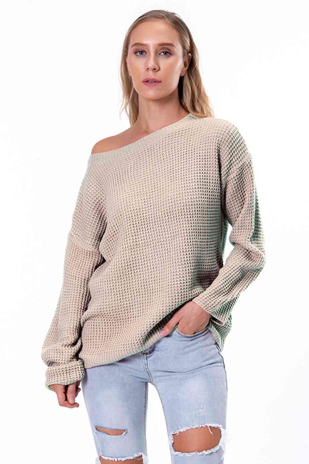 Boat Neck Drop Shoulder Long Sleeve Sweater - Ladyez