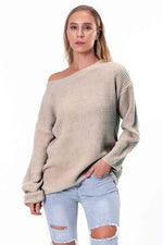 Boat Neck Drop Shoulder Long Sleeve Sweater - Ladyez