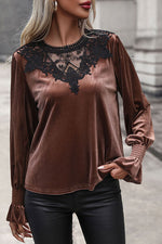 Lace Detail Round Neck Smocked Flounce Sleeve Blouse - Ladyez