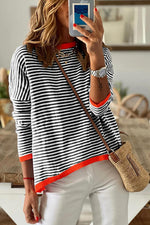 Striped Round Neck Drop Shoulder T-Shirt - Ladyez