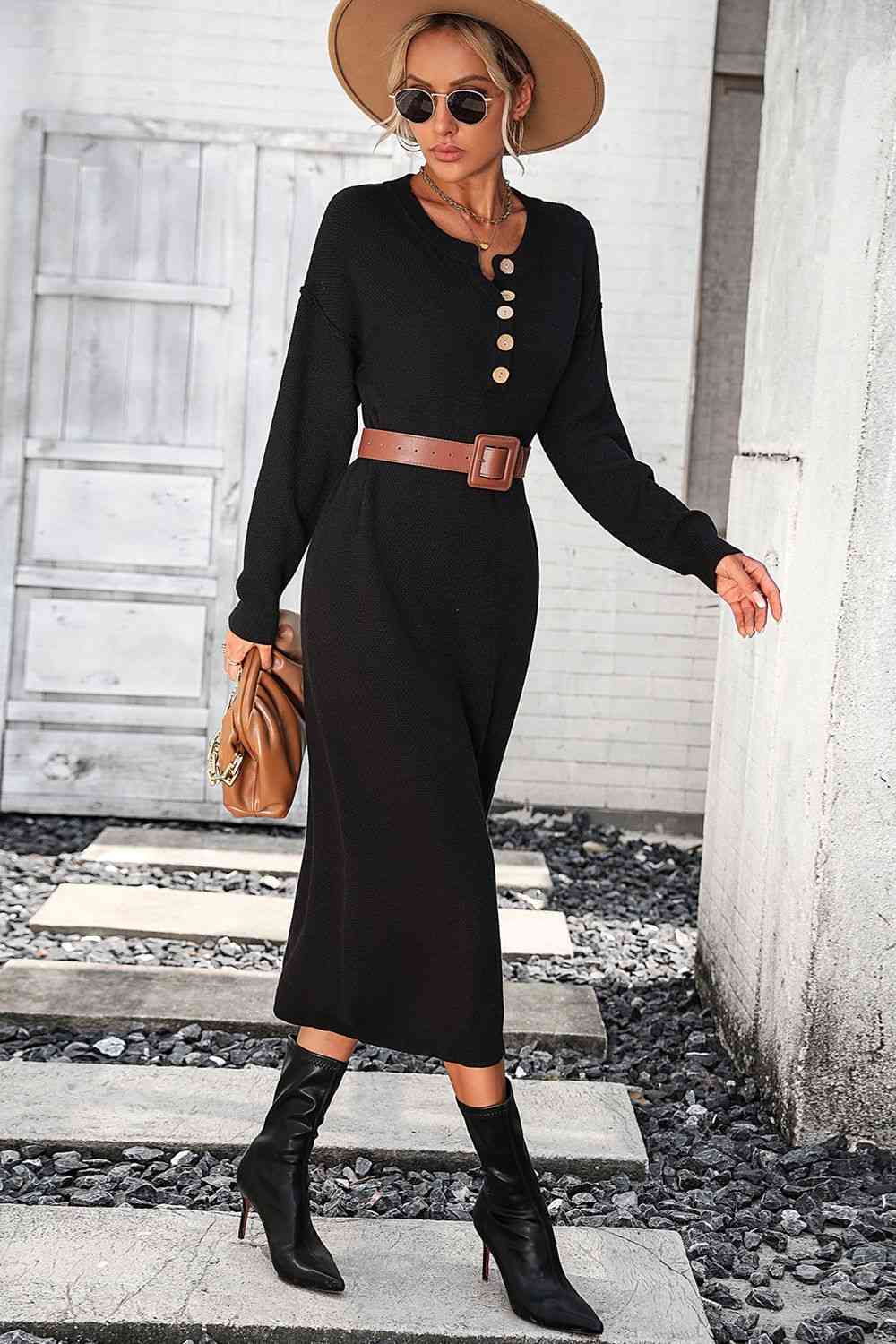 Notched Neck Dropped Shoulder Button-Down Midi Dress - Ladyez