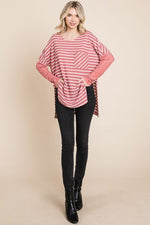 Culture Code Oversize Striped Round Neck Long Sleeve Slit T-Shirt - Ladyez