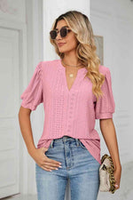 Eyelet Short Puff Sleeve Notched Neck Top - Ladyez