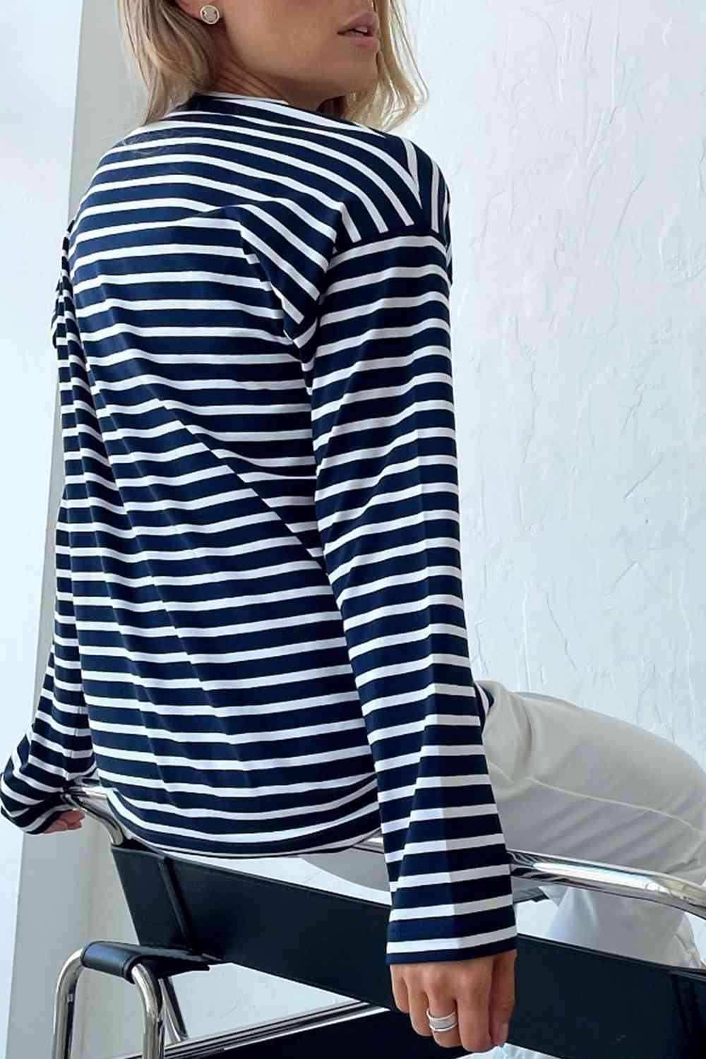 Round Neck Striped Dropped Shoulder T-Shirt - Ladyez