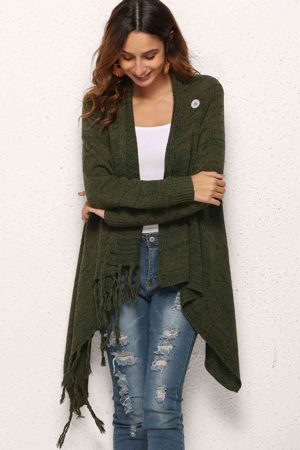 One-Button Tassel Tie Asymmetrical Hem Cardigan - Ladyez