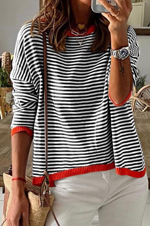 Striped Round Neck Drop Shoulder T-Shirt - Ladyez