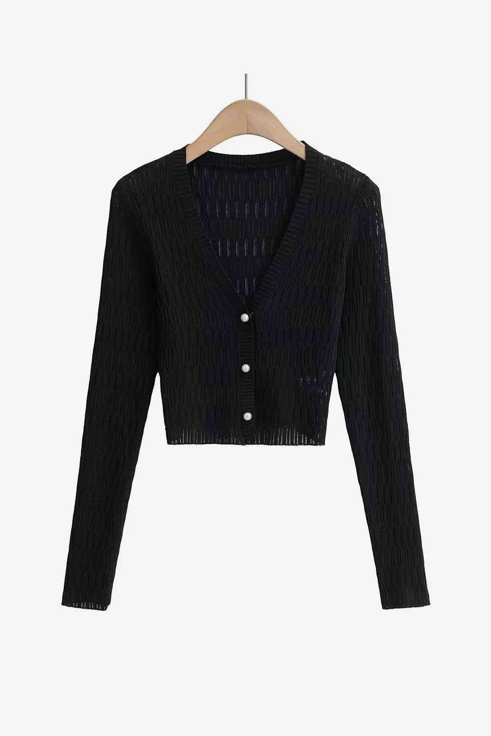 Button Down Long Sleeve Cropped Cardigan - Ladyez