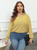 Plus Size Ribbed Collared Neck Long Sleeve Blouse - Ladyez
