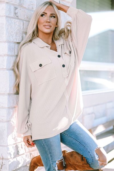 Collared Neck Half Button Long Sleeve Blouse - Ladyez