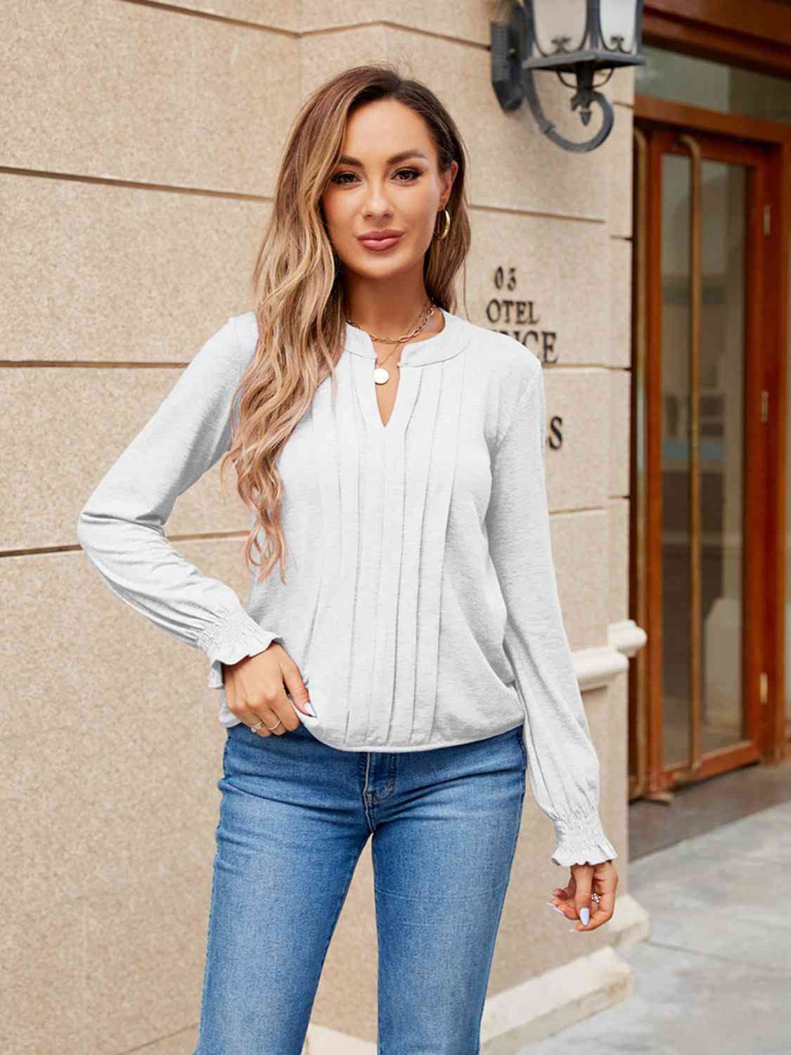 Pleated Notched Neck Flounce Sleeve Blouse - Ladyez