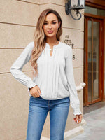 Pleated Notched Neck Flounce Sleeve Blouse - Ladyez