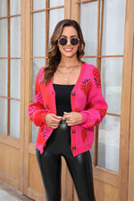 Printed V-Neck Button-Down Long Sleeve Cardigan - Ladyez