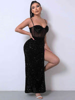 Sequin Spliced Mesh Adjustable Strap Dress - Ladyez
