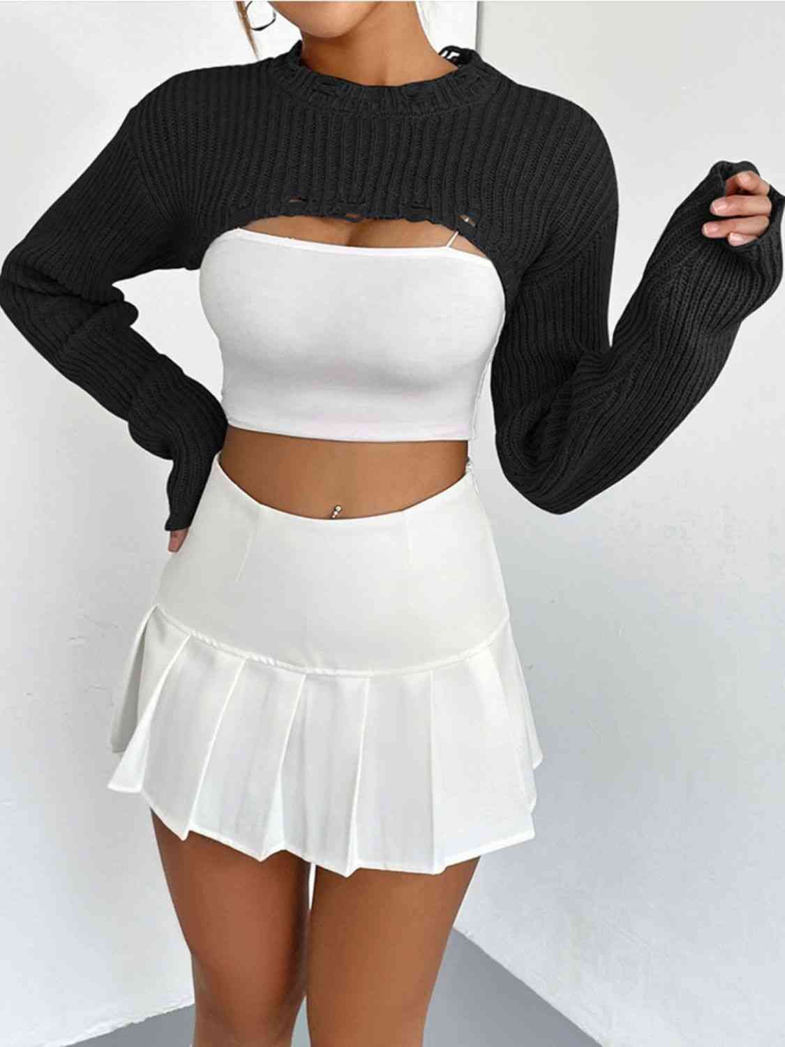 Distressed Long Sleeve Cropped Sweater - Ladyez