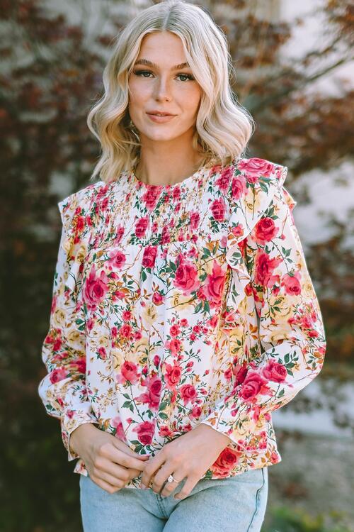Floral Round Neck Smocked Blouse - Ladyez