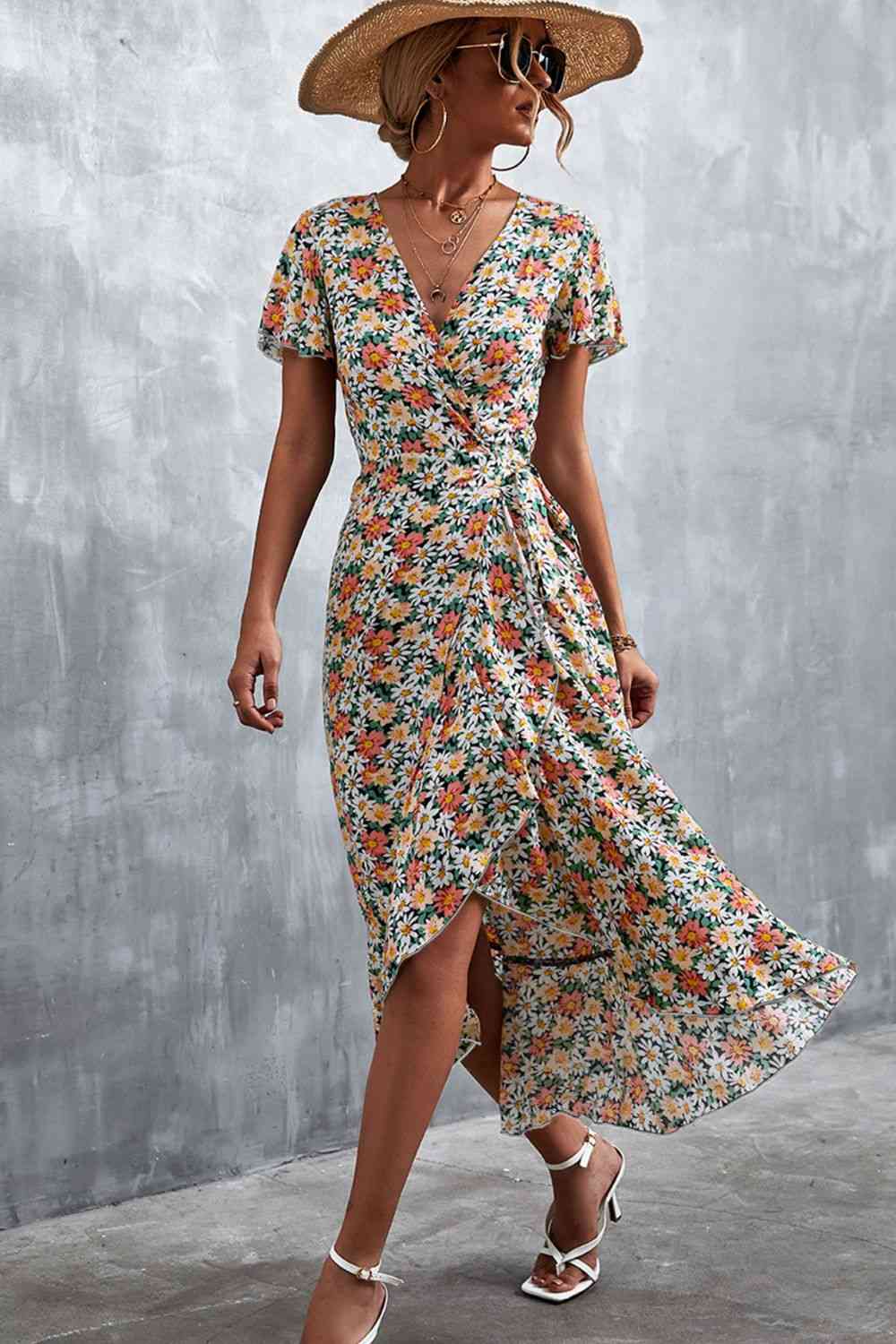 Floral Surplice Neck Tied Midi Dress - Ladyez