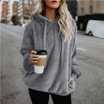 Quarter-Zip Drawstring Teddy Hoodie - Ladyez