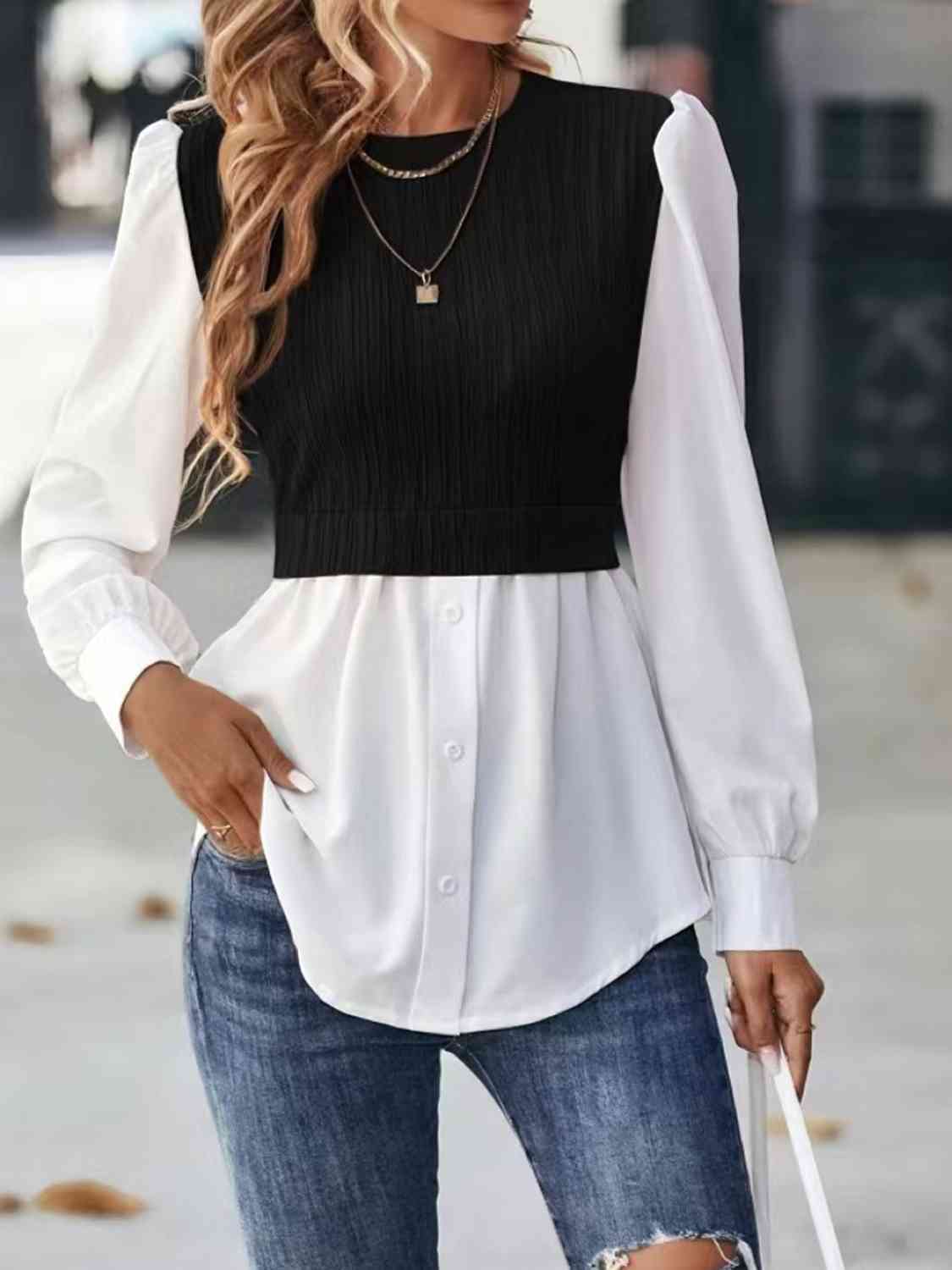 Contrast Round Neck Puff Sleeve Blouse - Ladyez