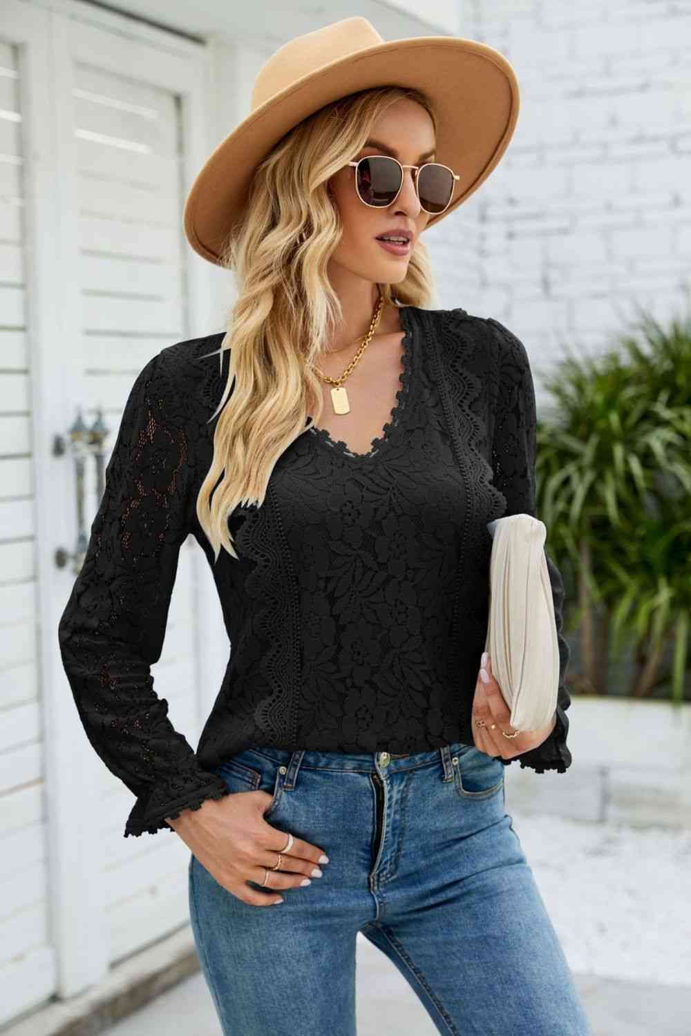 V-Neck Flounce Sleeve Lace Top - Ladyez