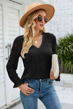 V-Neck Flounce Sleeve Lace Top - Ladyez