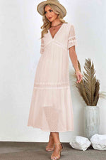 Swiss Dot V-Neck Short Sleeve Midi Dress - Ladyez