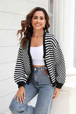 Button-Down Stripe & Plaid Contrast Pattern Cardigan - Ladyez